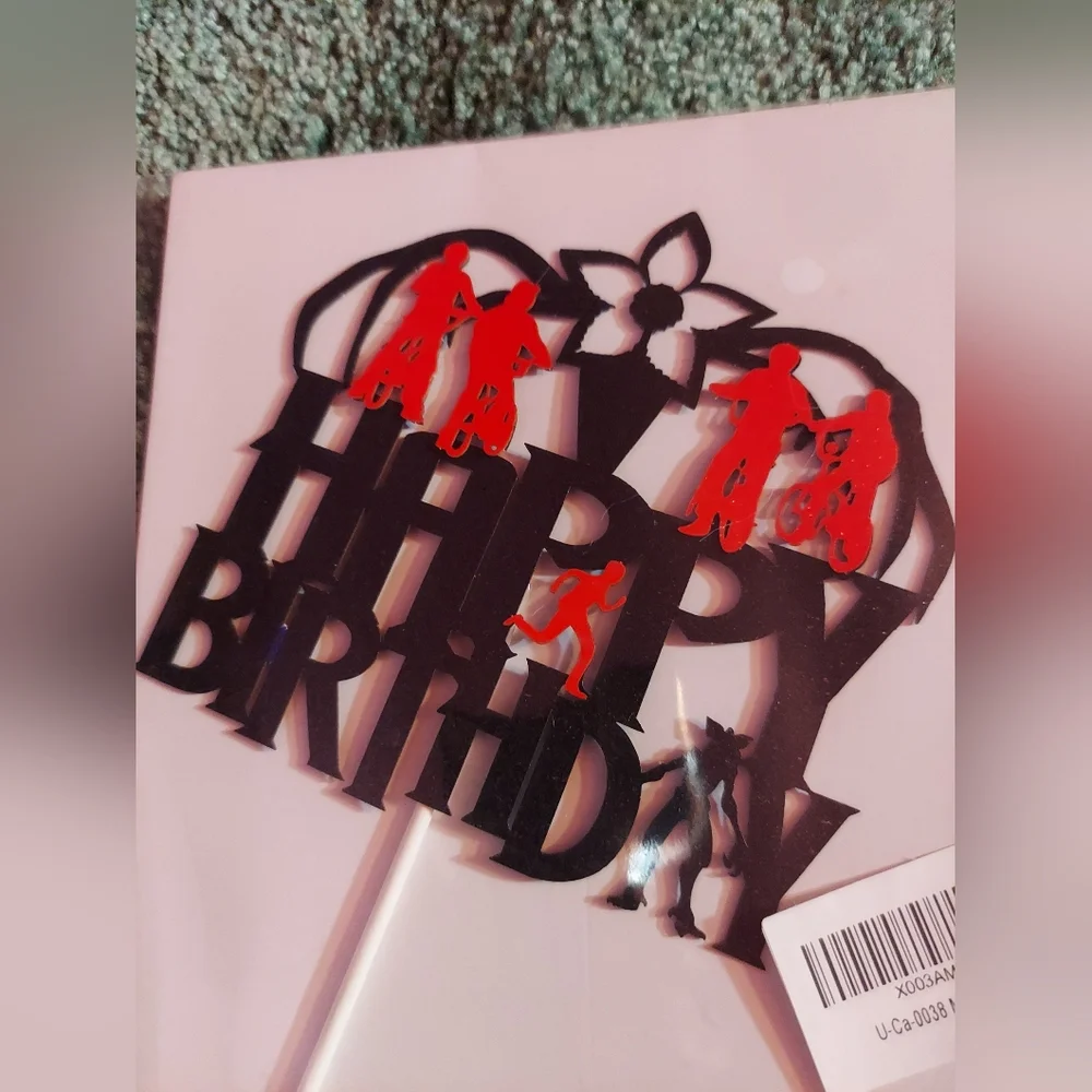 Black and Orange Happy Birthday Cake Topper With Bike Riding Theme